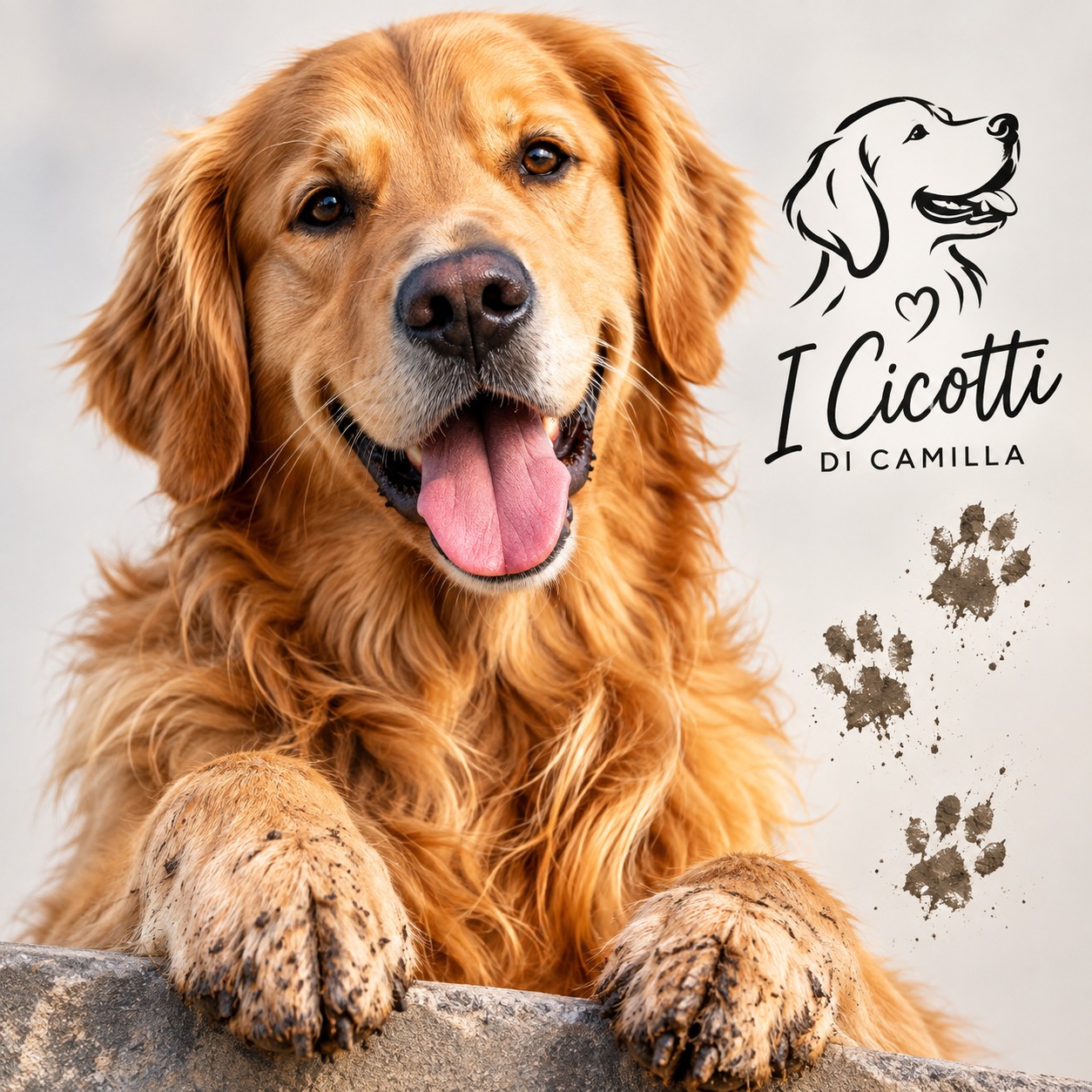 Un Golden Retriever dorato con le zampe appoggiate su un muretto